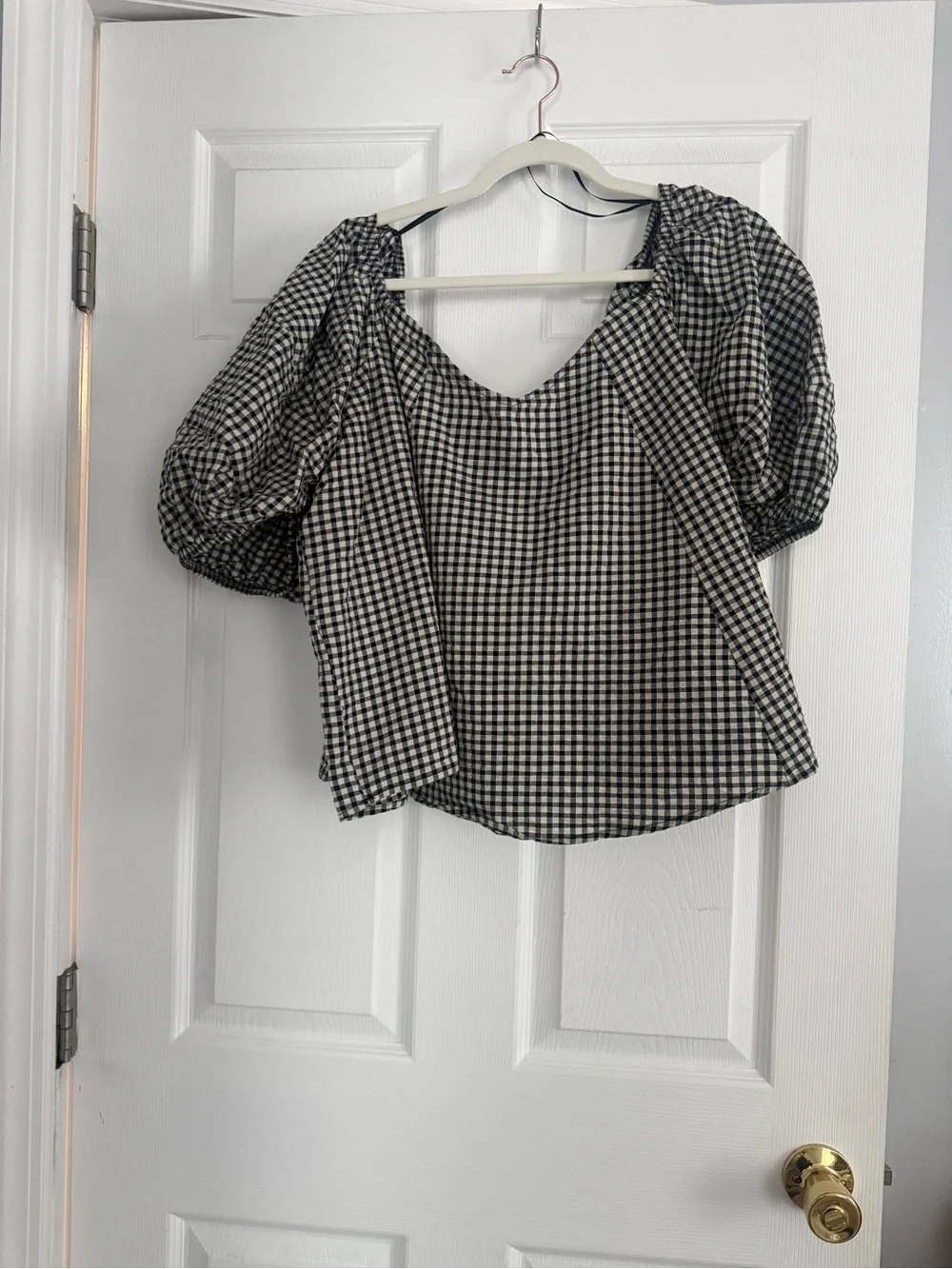 Anthropologie Black & White Gingham Off-Shoulder Puff Sleeve Top